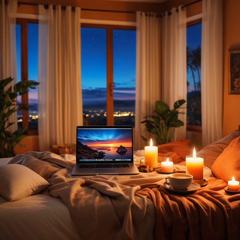 A serene and inviting home setting featuring an open laptop displaying tasteful adult content, surrounded by flickering candles and soft pillows. Include elements of privacy like subtle curtains and a cozy atmosphere to evoke comfort and safety. Depict a person with a relaxed expression, engaging with the content while sipping a warm beverage. Emphasize soft, warm colors and a sense of calm. super-realistic. cozy ambiance. vibrant colors.