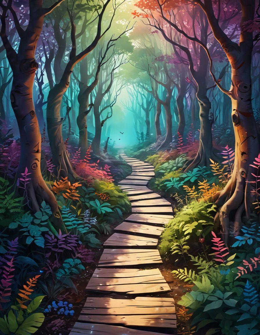 A vibrant illustration of a winding path through a mystical forest, where shadows and light intertwine, representing the journey of adult discovery. Along the path, abstract symbols of enjoyment, like music notes and playful shapes, blend with elements of anonymity, such as masks and cloaks, creating a sense of mystery. The colors should be rich and inviting, evoking curiosity and warmth, with a whimsical feel that invites exploration. fantasy art. vibrant colors. 3D.