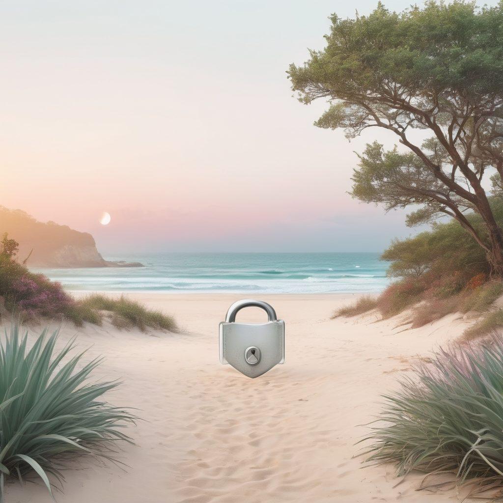 A serene and artistic representation of a safe search engine interface, subtly blending elements of nature like a tranquil beach or quiet forest. Include abstract icons symbolizing privacy like locks or shields, with nudity-themed art in a tasteful and respectful manner, surrounded by a gentle aura of comfort and security. The color palette should be soothing, combining pastel tones with hints of vibrant highlights for a fresh, inviting look. super-realistic. vibrant colors. white background.